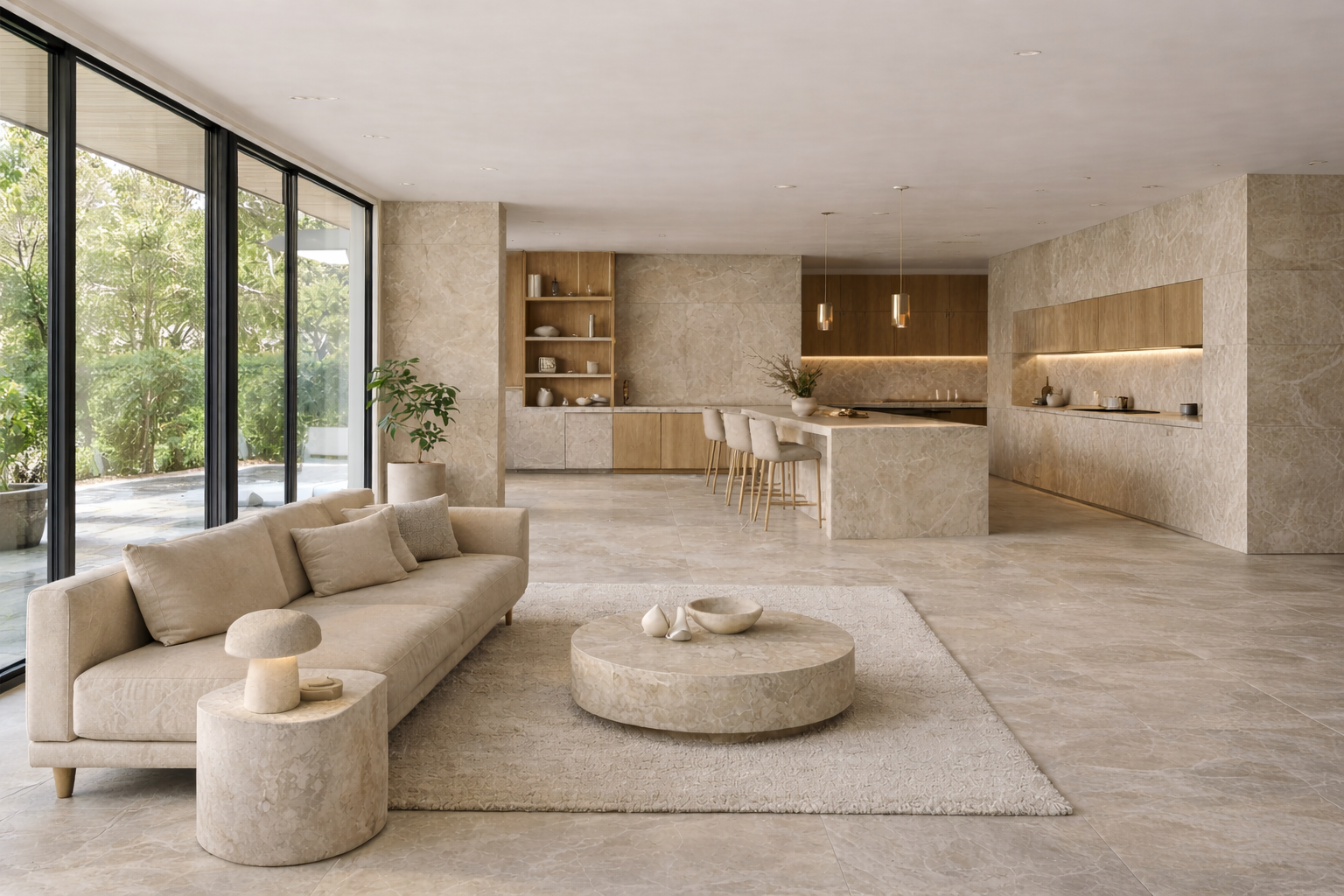 Wohnzimmer mit Fliesenboden