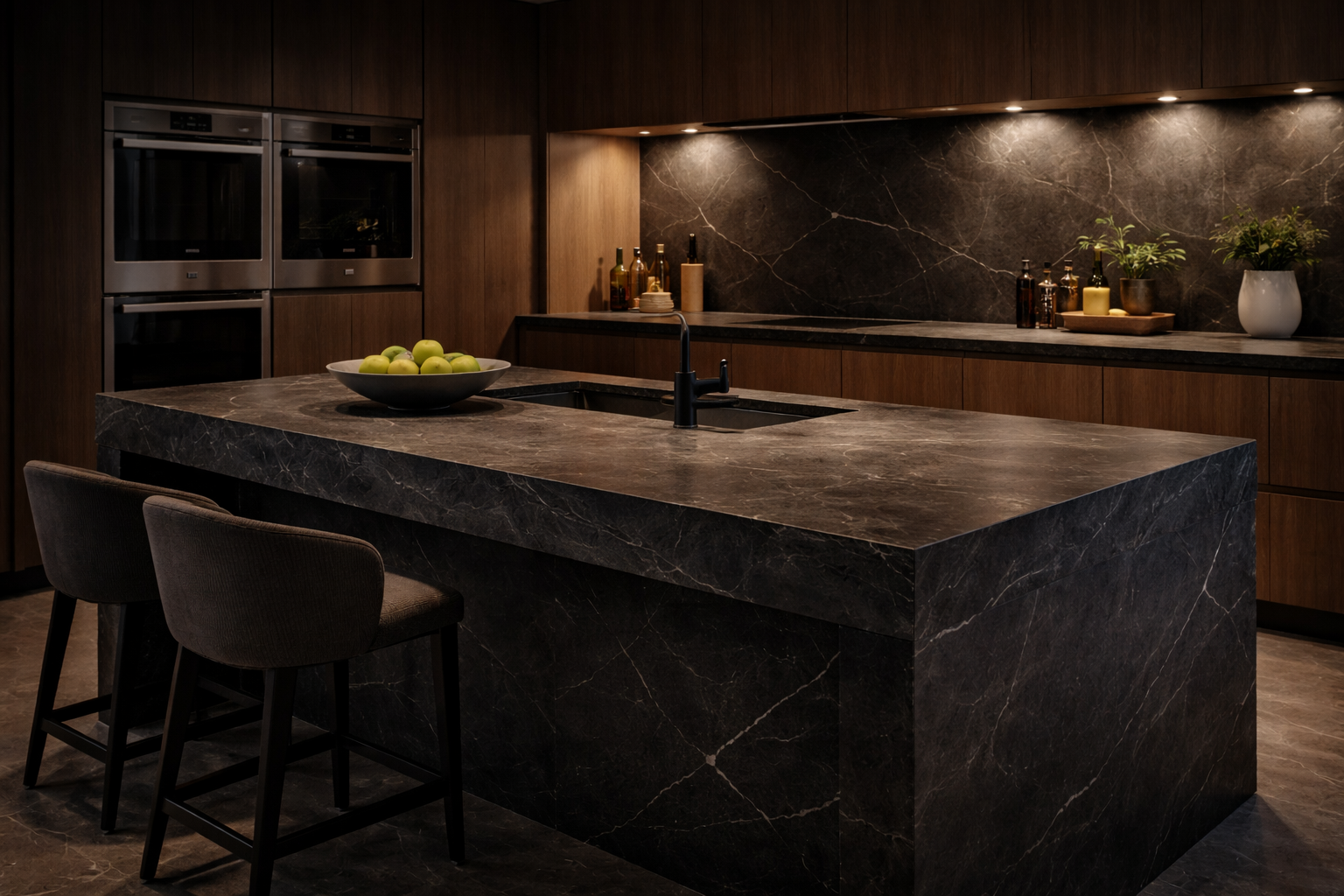 Moderne Küche mit dunkler Steininsel