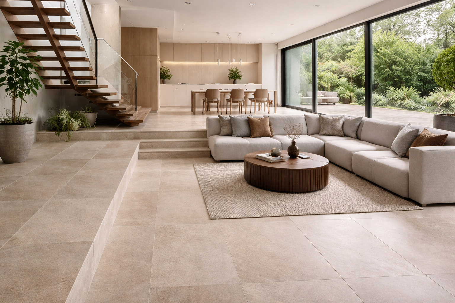 Modernes Wohnzimmer mit offener Raumaufteilung und Fliesenboden